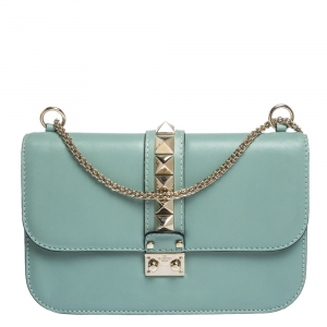 Pre Owned Valentino Mint Green Leather Rockstud Medium Glam Lock Flap Bag