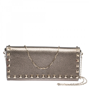 Pre Owned Valentino Metallic Leather Rockstud Wallet on Chain