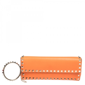 Pre Owned Valentino Neon Orange Leather Rockstud Bracelet Clutch