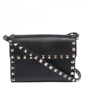 Pre Owned Valentino Black Leather Small Rockstud Flap Crossbody Bag