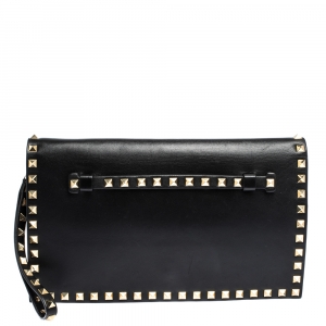 Pre Owned Valentino Black Leather Rockstud Wristlet Clutch 