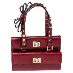 Pre Owned Valentino Red Leather Mini Rockstud Double Flap Bag