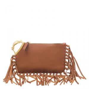Pre Owned Valentino Brown Leather C Rockee Gryphon Fringe Clutch