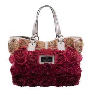 مملوكة مسبقًا Valentino Red/Beige Silk and Leather Rosier Tote Bag
