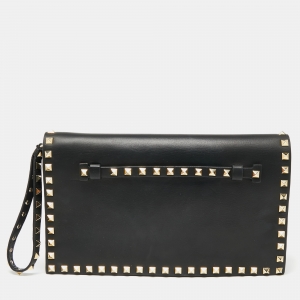 Pre Owned Valentino Black Leather Rockstud Wristlet Clutch 