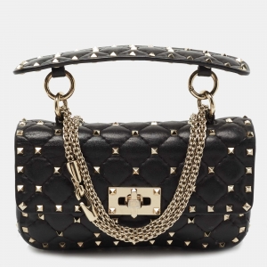 Pre Owned Valentino Black Quilted Leather Small Rockstud Spike Chain Top Handle Bag