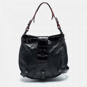 Pre Owned Valentino Black Coated Canvas and Patent Leather Catch Hobo