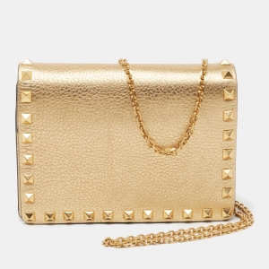 Valentino Gold Leather Rockstud Chain Clutch
