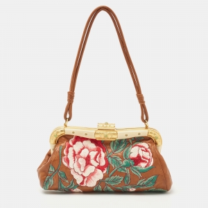 Pre Owned Valentino Brown Leather Floral Embroidered Frame Baguette Bag