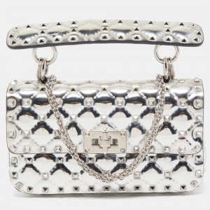 Valentino Silver Quilted Patent Leather Small Rockstud Spike Top Handle Bag