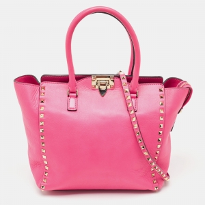 Pre Owned Valentino Hot Pink Leather Small Rockstud Trapeze Tote