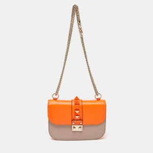 Pre Owned Valentino Orange/Beige Leather Small Rockstud Glam Lock Flap Bag