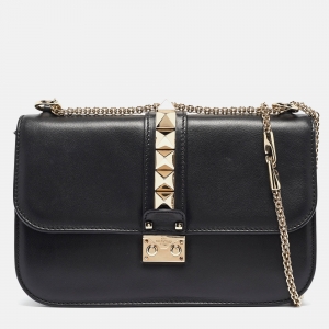 Pre Owned Valentino Black Leather Medium Rockstud Glam Lock Flap Bag