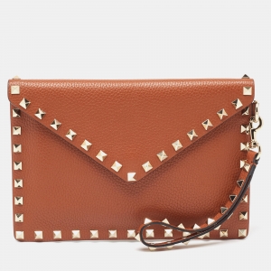 Valentino Brown Leather Rockstud Envelope Wristlet Clutch