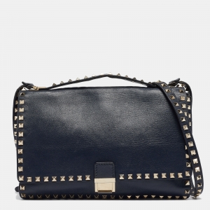 Pre Owned Valentino Navy Blue Leather Rockstud Top Handle Bag