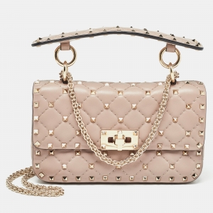 Valentino Beige Quilted Leather Small Rockstud Spike Top Handle Bag