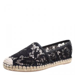 Pre Owned Valentino Black Lace and Leather Espadrilles Size 40