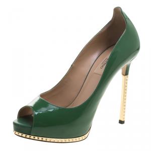 Pre Owned Valentino Green Patent Leather Studded Heel Peep Toe Pumps Size 37.5