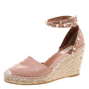 Pre Owned Valentino Blush Pink Leather Rockstud Ankle Strap Wedge Espadrille Sandals Size 37