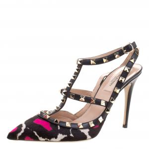 Pre Owned Valentino Black Leather and Printed Calfhair Rockstud Sandals Size 39.5