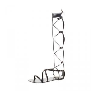 Pre Owned Valentino Black Leather Knee- High Rockstud Gladiator Sandals Size 40