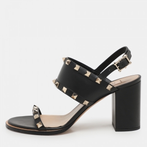 Valentino Black Leather Rockstud Slingback Sandals Size 37.5