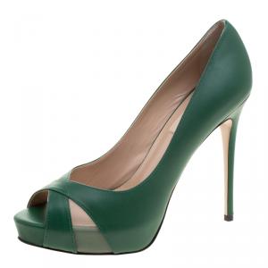 Pre Owned Valentino Pop Green Leather Peep Toe Pumps Size 38.5