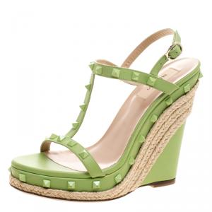 Pre Owned Valentino Lime Green Leather Rockstud T Strap Espadrille Wedges Size 39.5