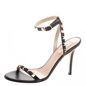 Pre Owned Valentino Black Leather Rockstud Ankle Strap Sandals Size 38.5