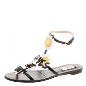 Pre Owned Valentino Black Leather Love Me Daisy Flower Embellished Strappy Flat Sandals Size 38.5