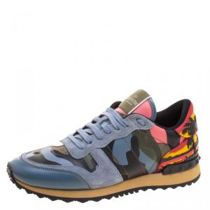 Pre Owned Valentino Multicolor Camouflage Leather and Suede Hawaiian Couture Rockrunner Sneakers Size 39