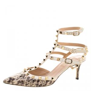 Pre Owned Valentino Two Tone Python Leather Rockstud Sandals Size 39