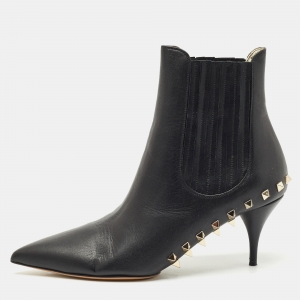 Valentino Black Leather Rockstud Pointed Toe Ankle Boots Size 39