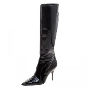 Valentino Black Patent Leather Pointed Toe Knee High Boots Size 39