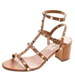 Pre Owned Valentino Brown Leather Rockstud Block Heel Sandals Size 38.5