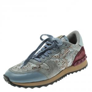 Pre Owned Valentino Slate Blue Lace and Suede Rockrunner Sneakers Size 37.5