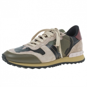 Pre Owned Valentino Camouflage Leather and Suede Sneakers Size 37.5