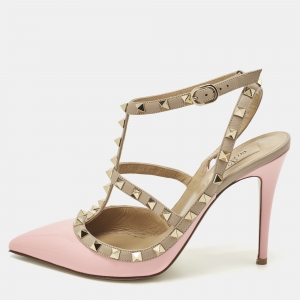 Pre Owned حذاء كعب عالي فالنتينو جلد أسود/بيج روكستد بحزام للكاحل مقاس 35