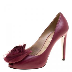 Pre Owned Valentino Burgundy Leather Rose Embellished Peep Toe Platform Pumps Size 37.5