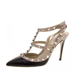 Pre Owned Valentino Black and Beige Leather Rockstud Sandals Size 38