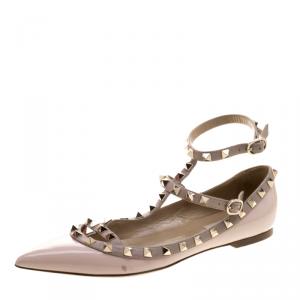 Pre Owned Valentino Blush Pink Patent Leather T Strap Rockstud Pointed Toe Ballet Flats Size 39