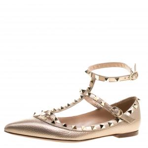 Pre Owned Valentino Beige Leather T Strap Rockstud Ballet Flats Size 36