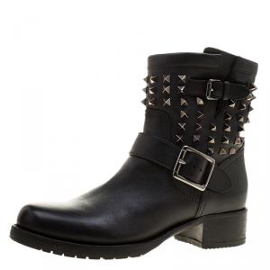 Pre Owned Valentino Black Leather Rockstud Biker Boots Size 39