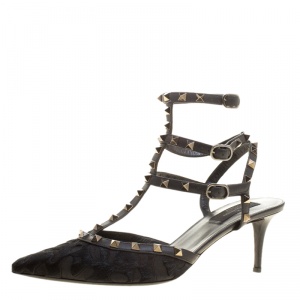 Pre Owned Valentino Black Leather and Calfhair Rockstud Ankle Strap Sandals Size 41.5