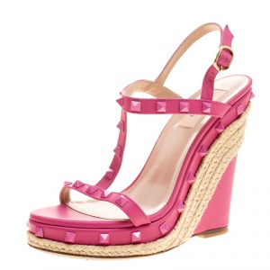 Pre Owned Valentino Pink Leather Rockstud T Strap Espadrille Wedges Size 38
