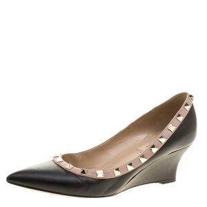 Pre Owned Valentino Black Leather Rockstud Pointed Toe Wedge Pumps Size 37