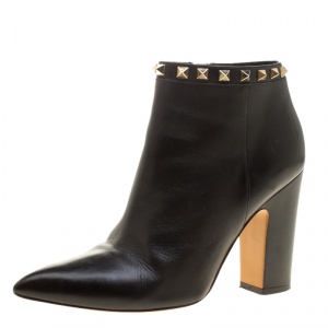 Pre Owned Valentino Black Leather Rockstud Pointed Toe Block Heel Ankle Boots Size 38