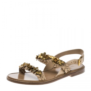 Pre Owned Valentino Beige Braided Leather Floral Embellished Flat Sandals Size 39