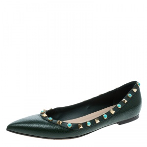 Pre Owned Valentino Myrtle Green Leather Rolling Rockstud Pointed Toe Ballet Flats Size 38.5