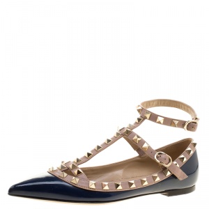 Pre Owned Valentino Blue Patent Leather T Strap Rockstud Pointed Toe Ballet Flats Size 35